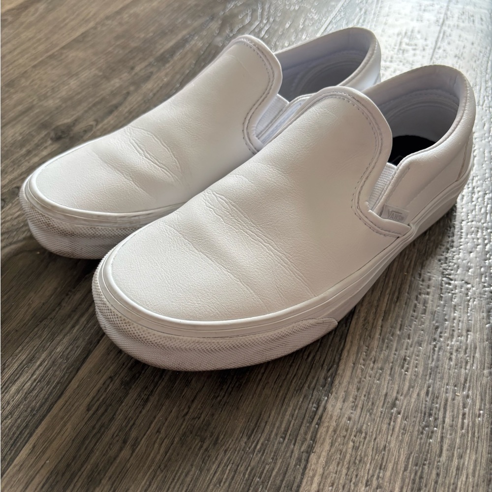 Vans White Leather Slip-On Loafers with Canvas Upper